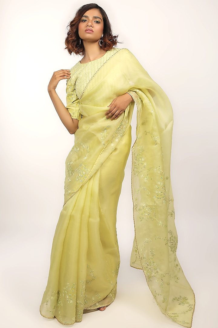 Lime Green Embroidered Saree Set by THE HOUSE OF KOSH