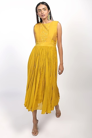 Yellow Embroidered Midi Dress by THE HOUSE OF KOSH