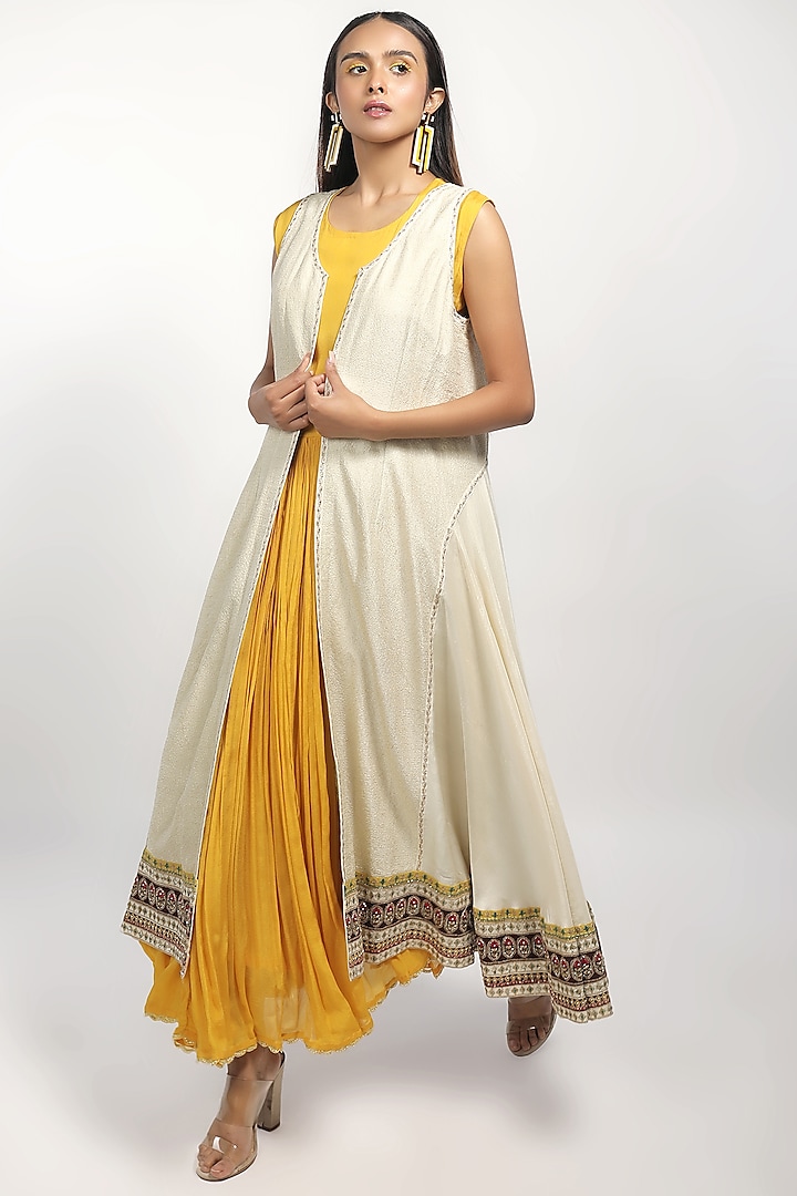 Yellow Chiffon Kurta With Jacket by THE HOUSE OF KOSH