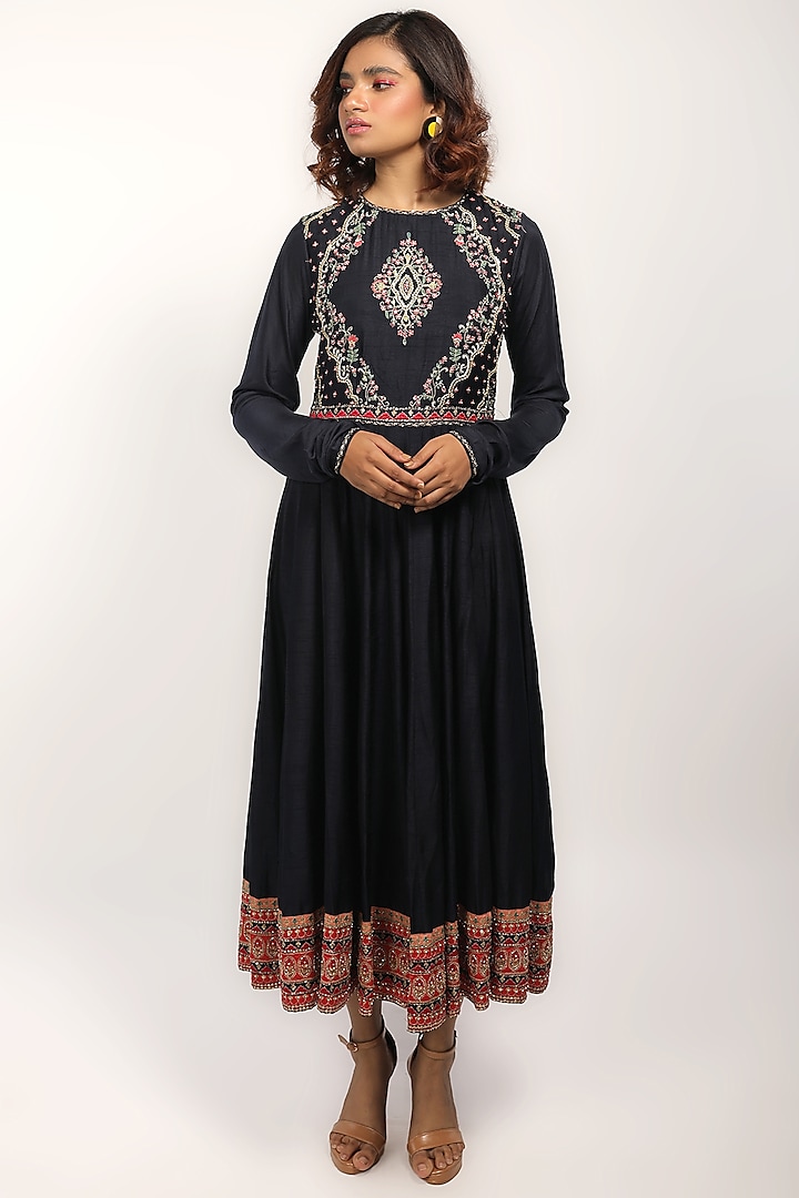 Navy Blue Zari Embroidered Anarkali Set by THE HOUSE OF KOSH