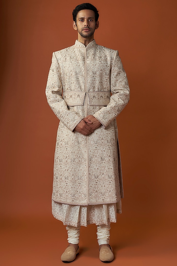 Ivory Chanderi Resham Thread Embroidered Sherwani Set

 by Tarun Tahiliani Men