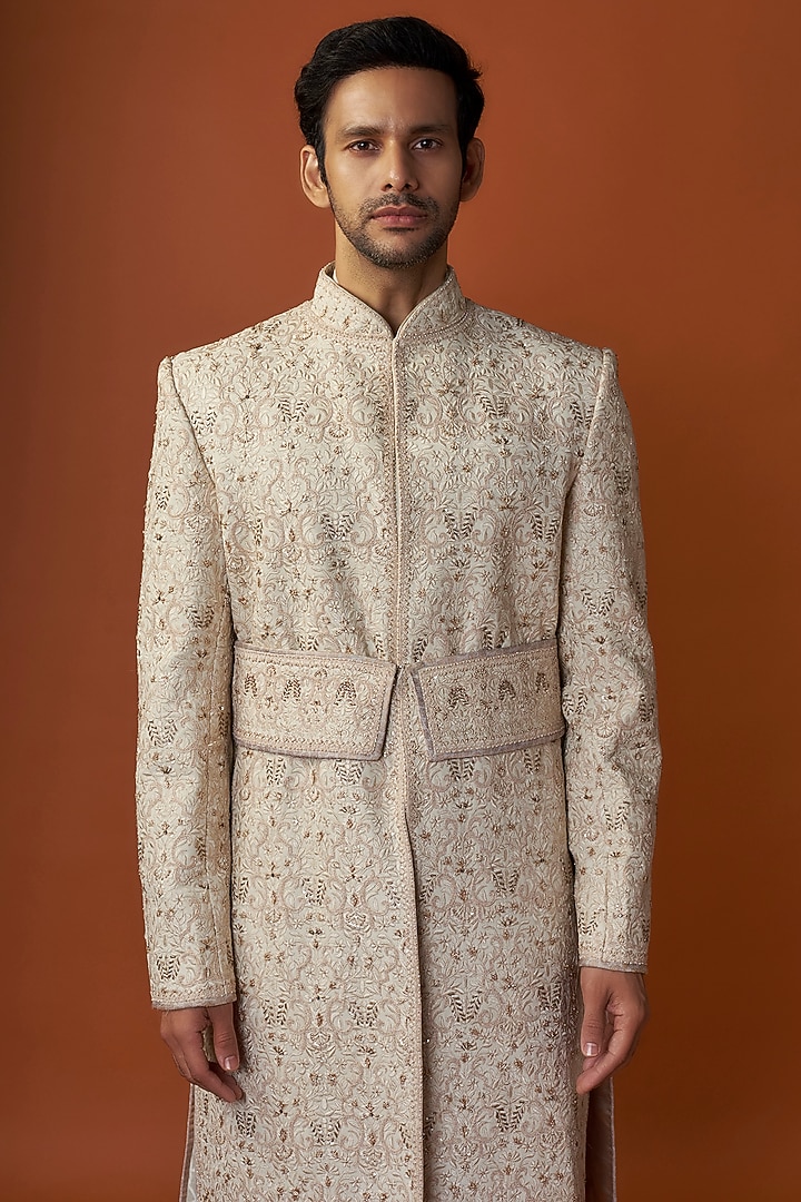 Ivory Chanderi Resham Thread Embroidered Sherwani Set
by Tarun Tahiliani Men at Pernia's Pop Up Shop