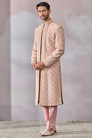 Salmon Georgette Zardosi Embroidered Sherwani Set by Tarun Tahiliani Men