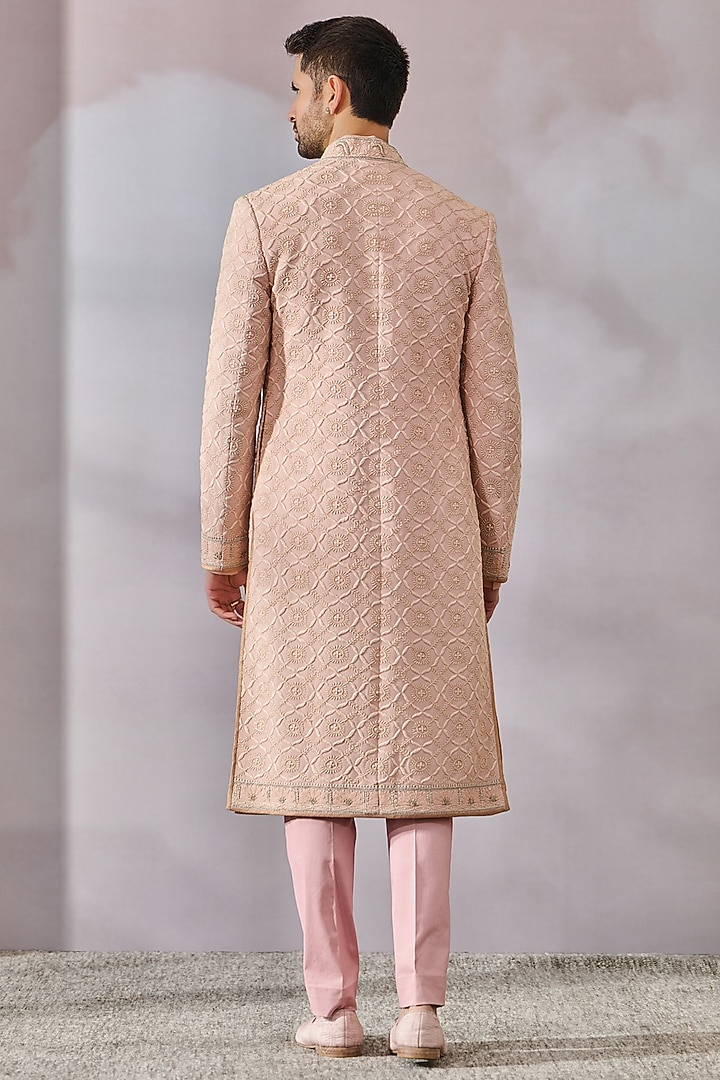 Salmon Georgette Zardosi Embroidered Groom Sherwani Set by Tarun Tahiliani Men at Pernia's Pop Up Shop