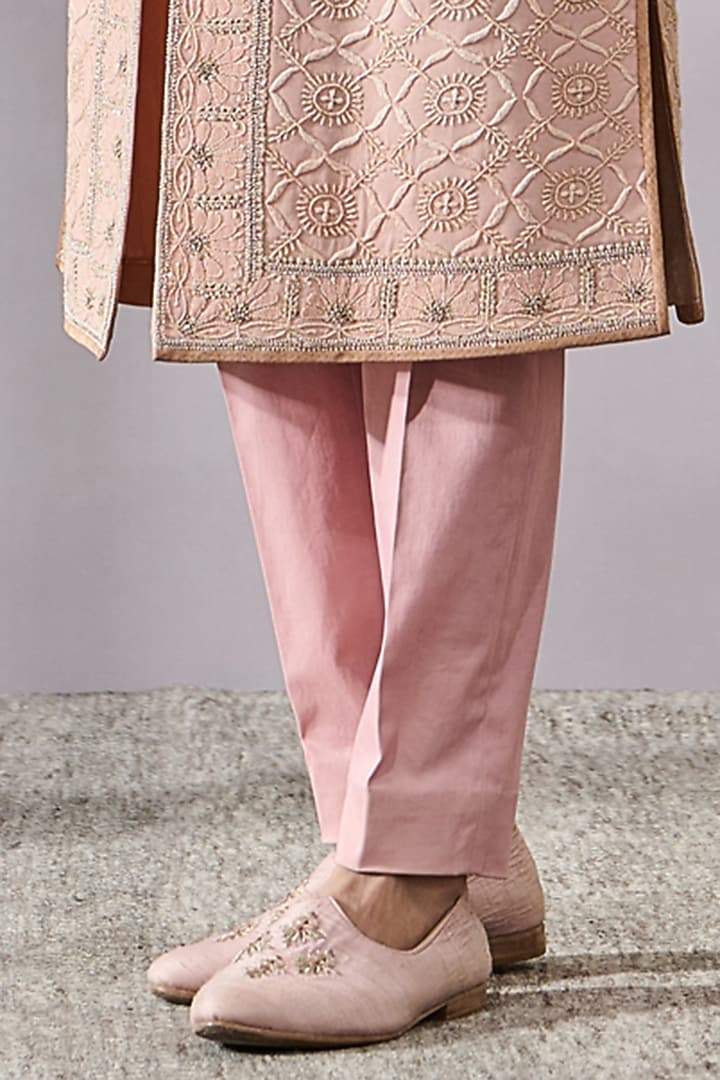 Salmon Georgette Zardosi Embroidered Groom Sherwani Set by Tarun Tahiliani Men at Pernia's Pop Up Shop