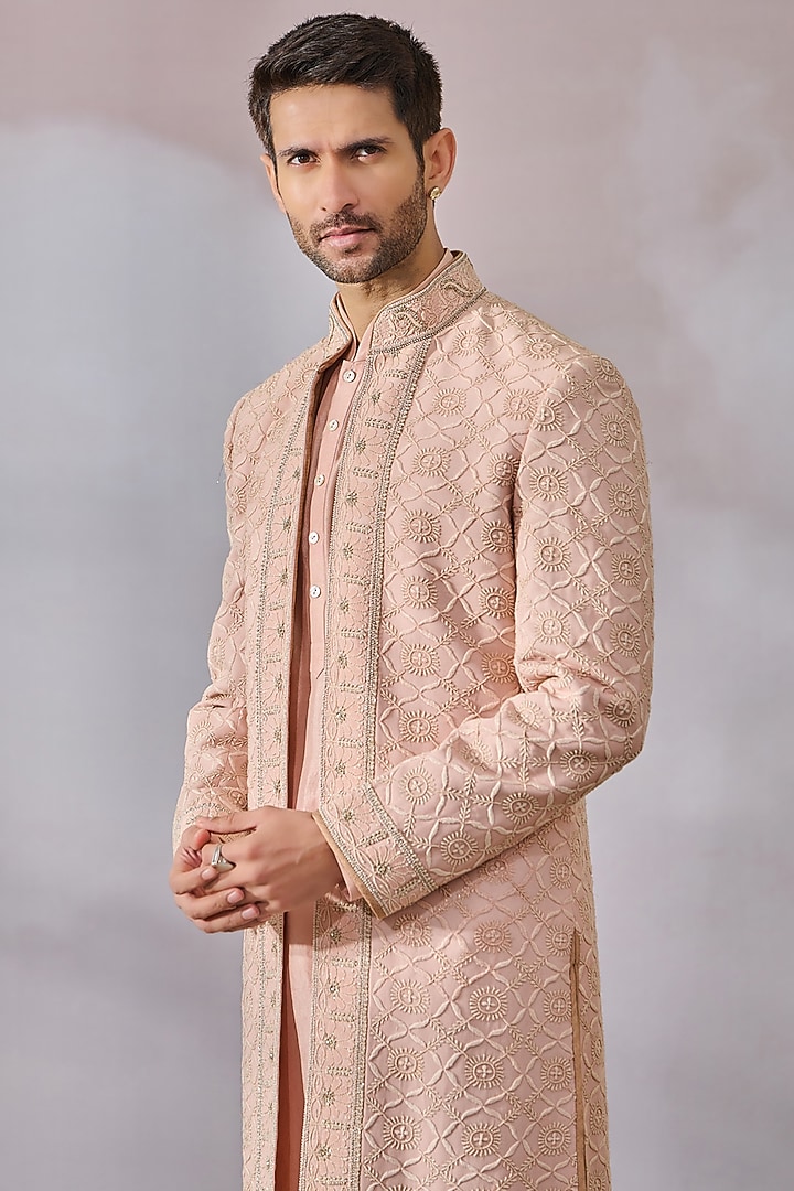 Salmon Georgette Zardosi Embroidered Groom Sherwani Set by Tarun Tahiliani Men at Pernia's Pop Up Shop