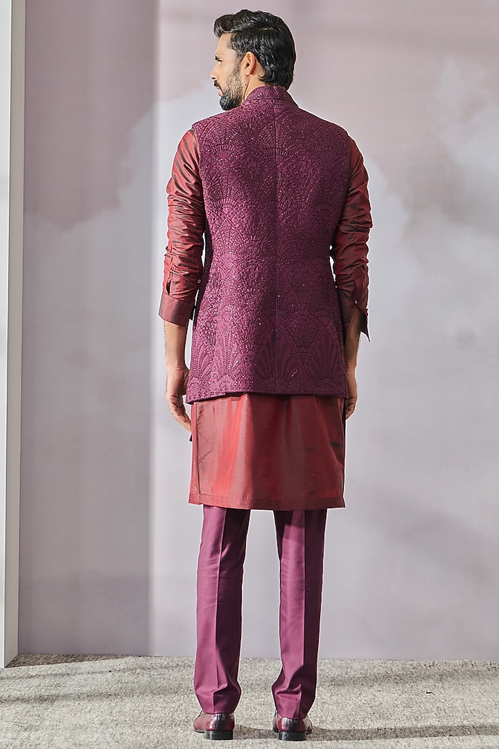 Wine Georgette & Silk Dupion Sequins Work Waistcoat by Tarun Tahiliani Men at Pernia's Pop Up Shop