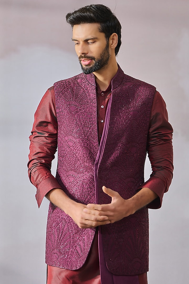 Wine Georgette & Silk Dupion Sequins Work Waistcoat by Tarun Tahiliani Men at Pernia's Pop Up Shop