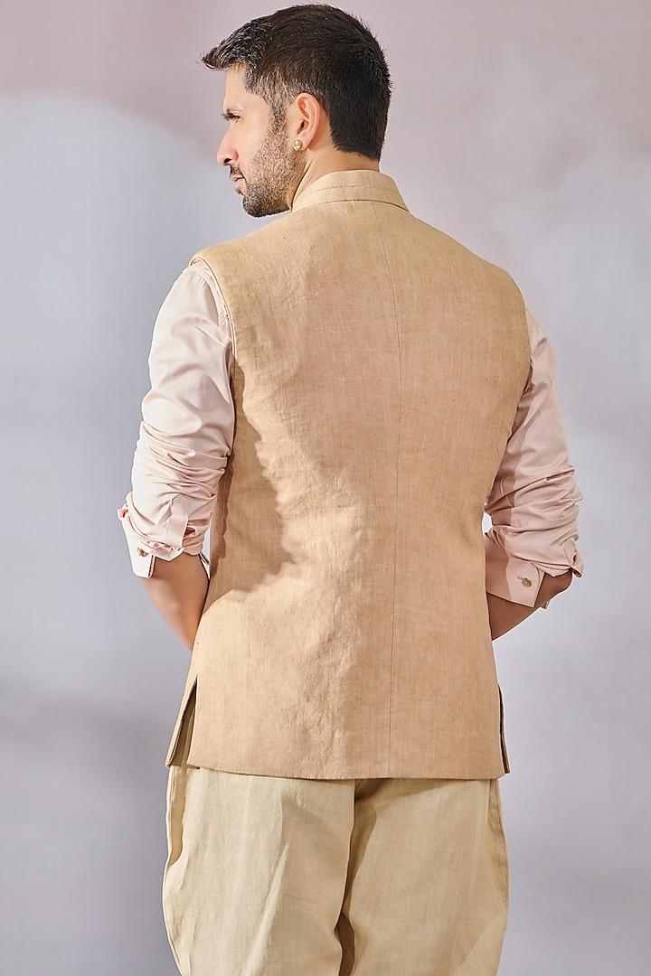 Beige Linen Bundi Jacket by Tarun Tahiliani Men at Pernia's Pop Up Shop