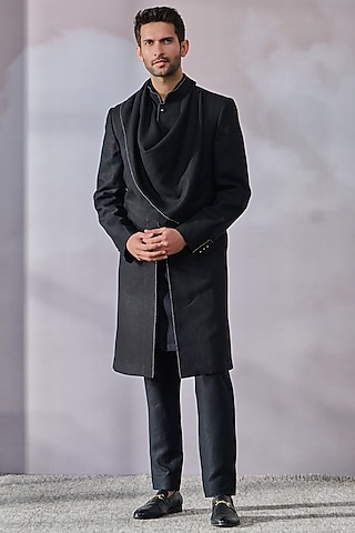 Black Linen Draped Sherwani Set by Tarun Tahiliani Men
