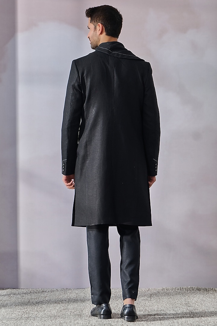 Black Linen Draped Groom Sherwani Set by Tarun Tahiliani Men at Pernia's Pop Up Shop