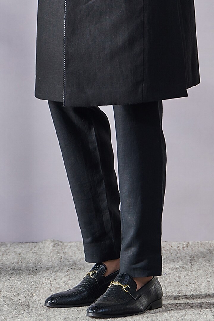 Black Linen Draped Groom Sherwani Set by Tarun Tahiliani Men at Pernia's Pop Up Shop