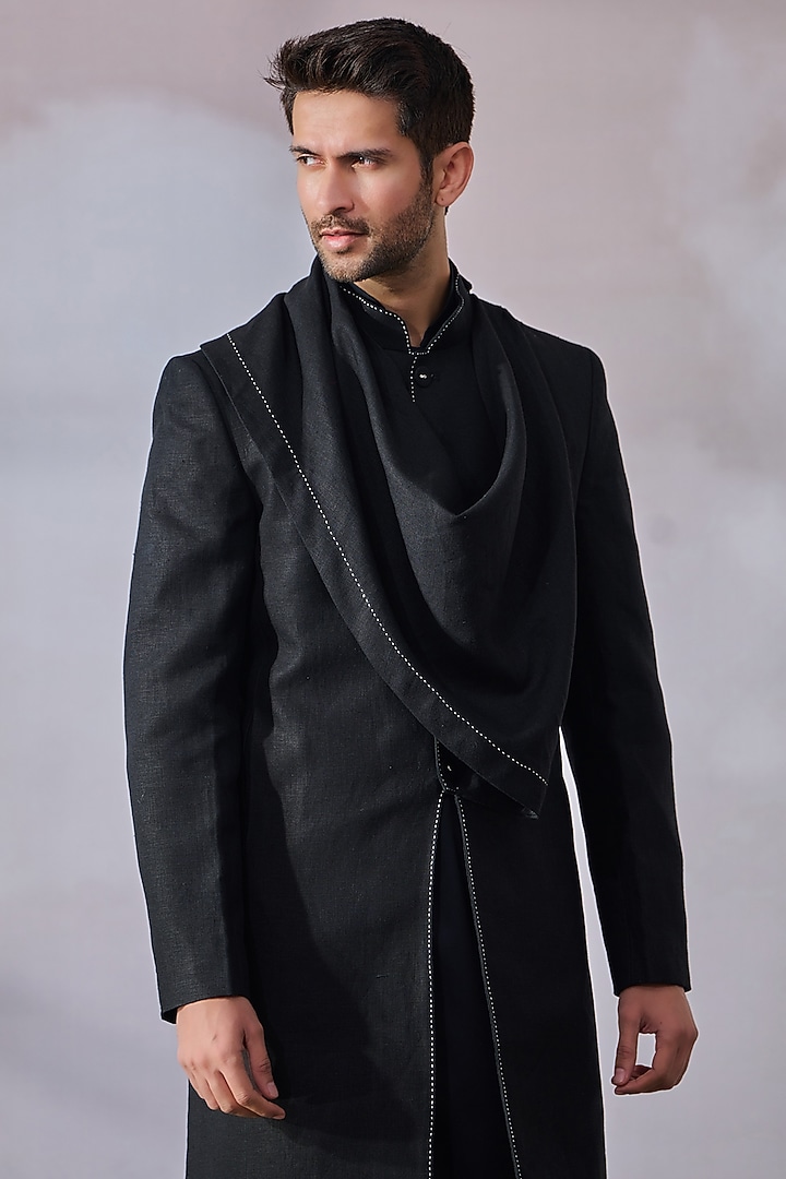 Black Linen Draped Groom Sherwani Set by Tarun Tahiliani Men at Pernia's Pop Up Shop