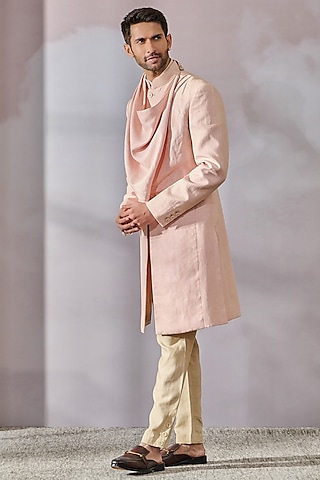 Salmon Linen Draped Sherwani Set by Tarun Tahiliani Men