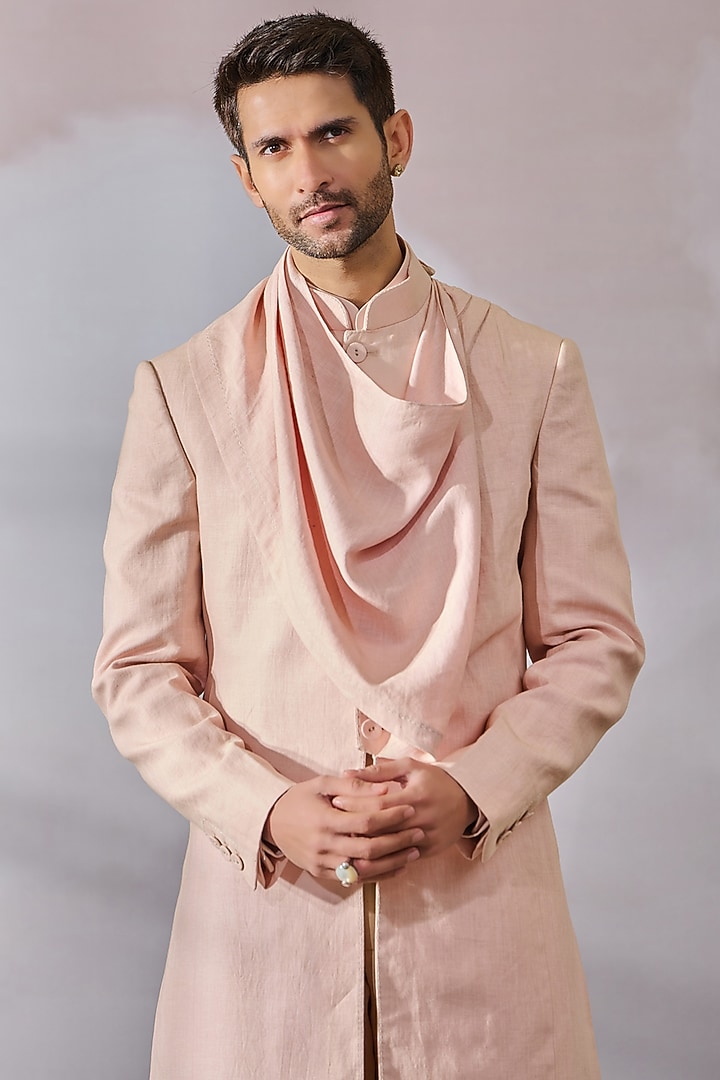 Salmon Linen Draped Groom Sherwani Set by Tarun Tahiliani Men at Pernia's Pop Up Shop