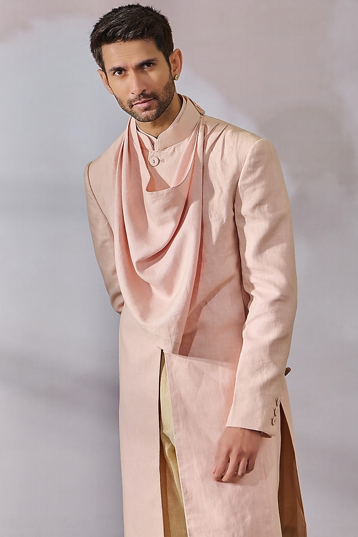 Salmon Linen Draped Groom Sherwani Set by Tarun Tahiliani Men at Pernia's Pop Up Shop