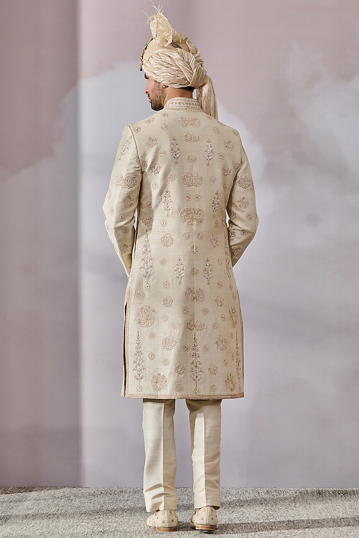 Ivory Raw Silk Thread Embroidered Groom Sherwani Set by Tarun Tahiliani Men at Pernia's Pop Up Shop