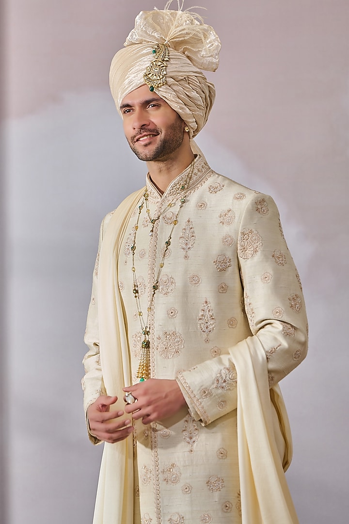 Ivory Raw Silk Thread Embroidered Groom Sherwani Set by Tarun Tahiliani Men at Pernia's Pop Up Shop