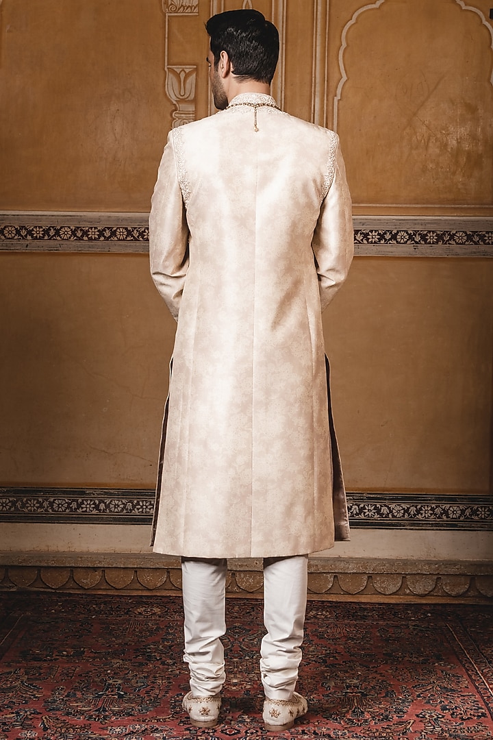 Oyster Beige Printed Groom Sherwani by Tarun Tahiliani Men at Pernia's Pop Up Shop