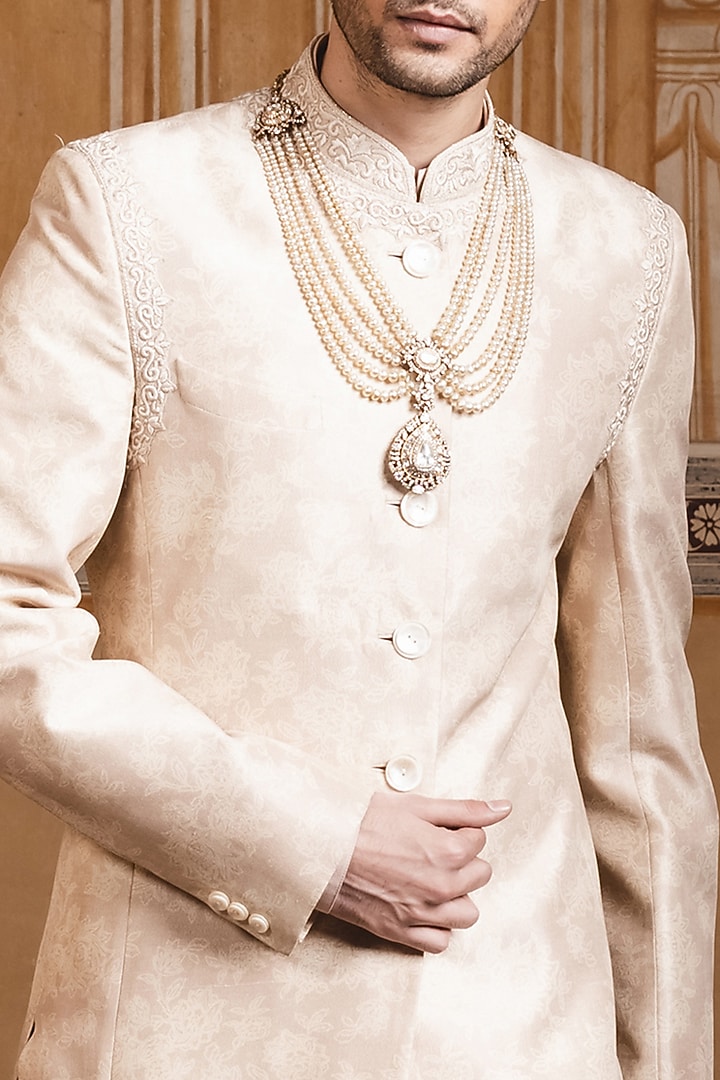 Oyster Beige Printed Groom Sherwani by Tarun Tahiliani Men at Pernia's Pop Up Shop