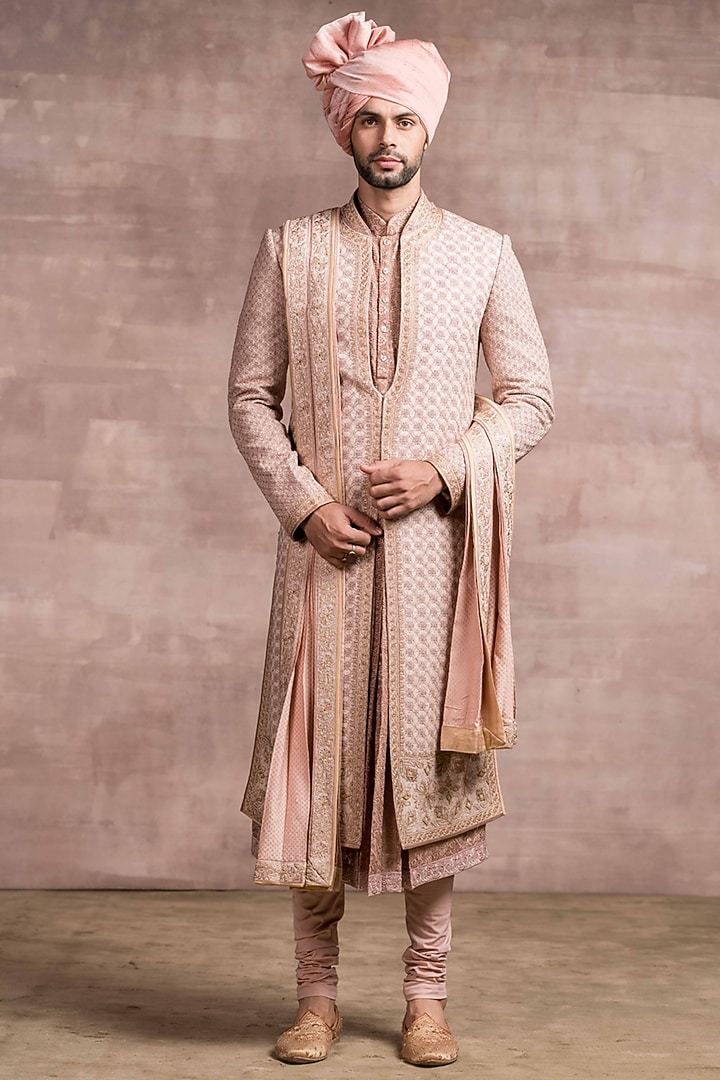 Salmon Pink Embroidered Groom Sherwani Set by Tarun Tahiliani Men at Pernia's Pop Up Shop