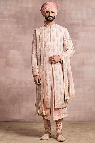 Salmon Pink Chikankari Sherwani Set by Tarun Tahiliani Men