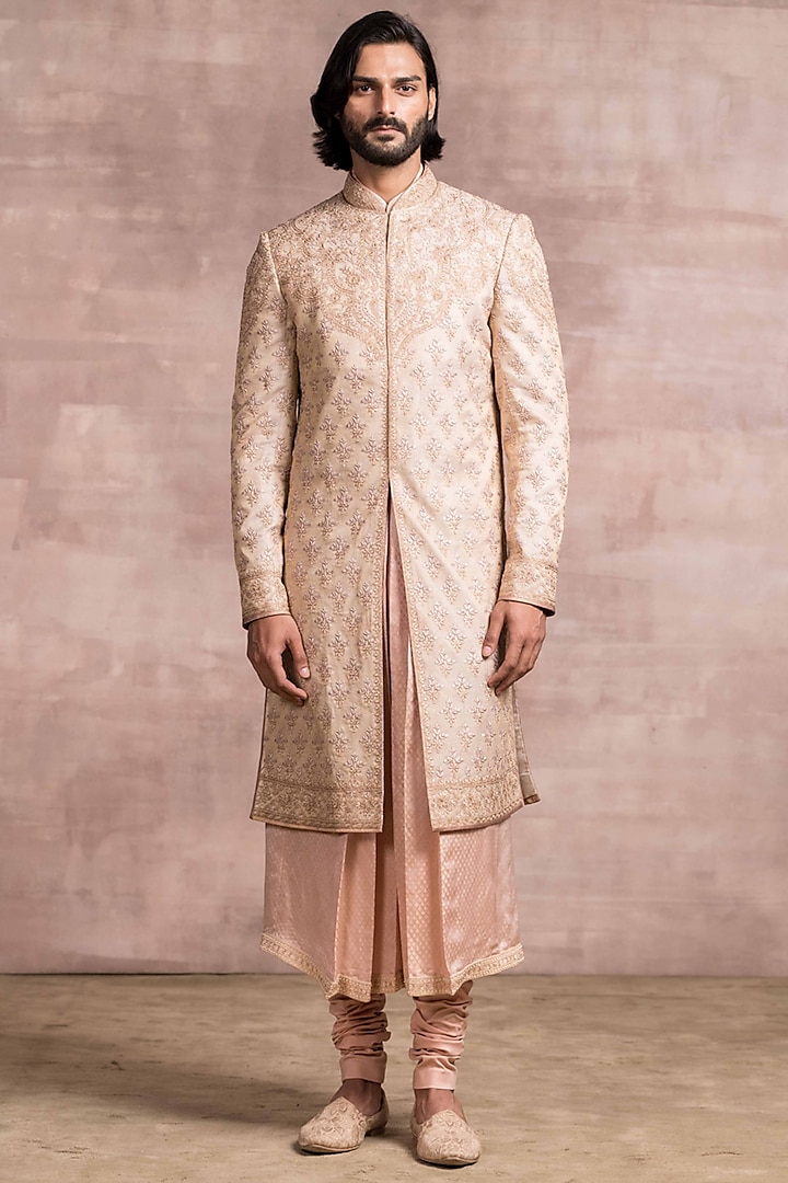 Salmon Pink Chikankari Sherwani Set by Tarun Tahiliani Men