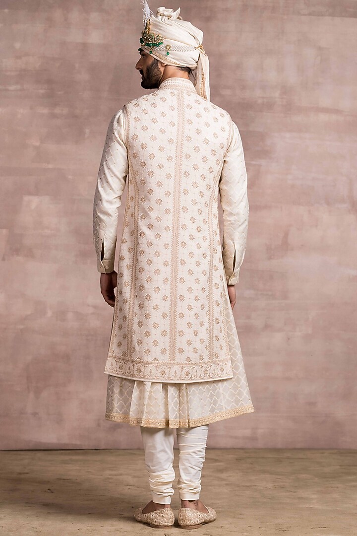 Ivory Georgette Embroidered Groom Sherwani by Tarun Tahiliani Men at Pernia's Pop Up Shop