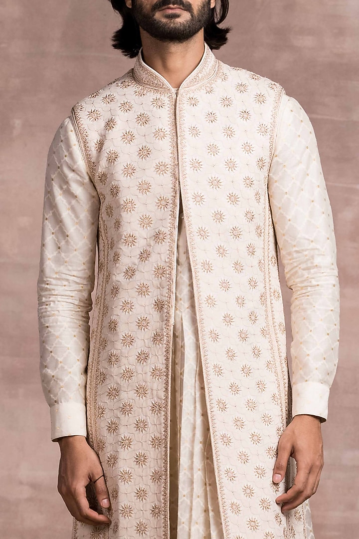 Ivory Georgette Embroidered Groom Sherwani by Tarun Tahiliani Men at Pernia's Pop Up Shop