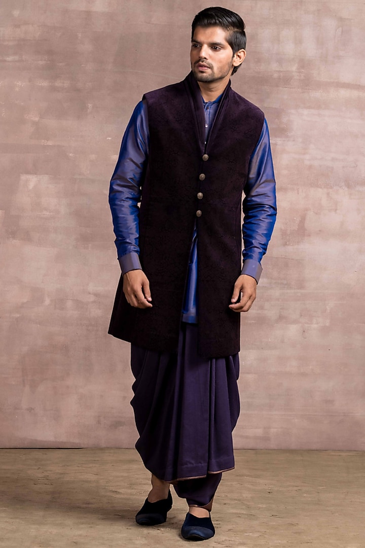 Aubergine Bundi Jacket With Kurta Set by Tarun Tahiliani Men