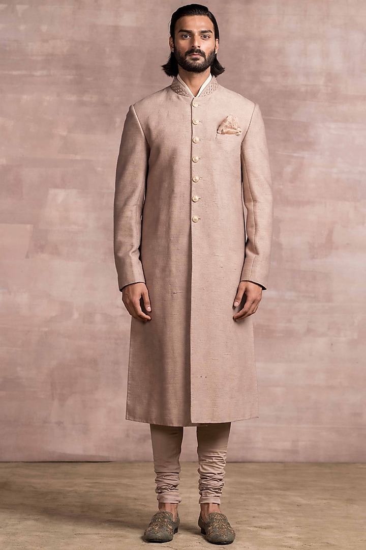 Taupe Khadi Sherwani Set by Tarun Tahiliani Men