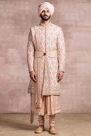 Salmon Peach Embroidered Sherwani Set by Tarun Tahiliani Men