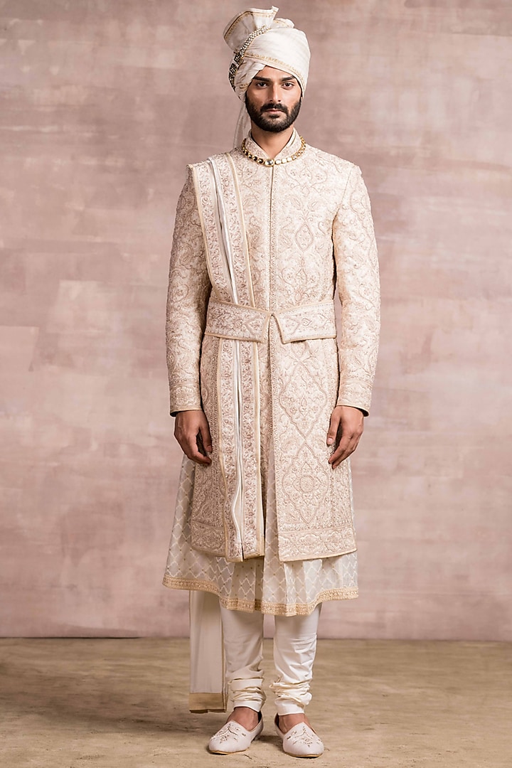Ivory Silk Brocade Sherwani Set by Tarun Tahiliani Men