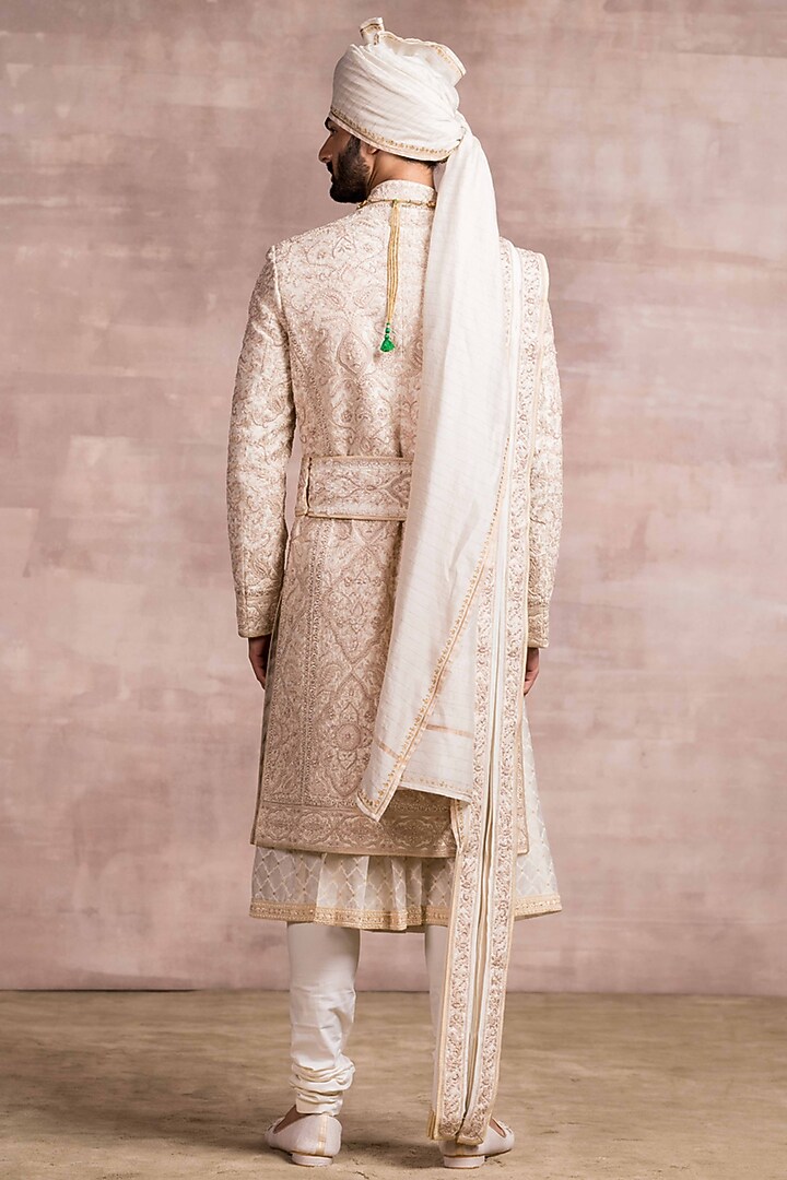 Ivory Silk Brocade Groom Sherwani Set by Tarun Tahiliani Men at Pernia's Pop Up Shop