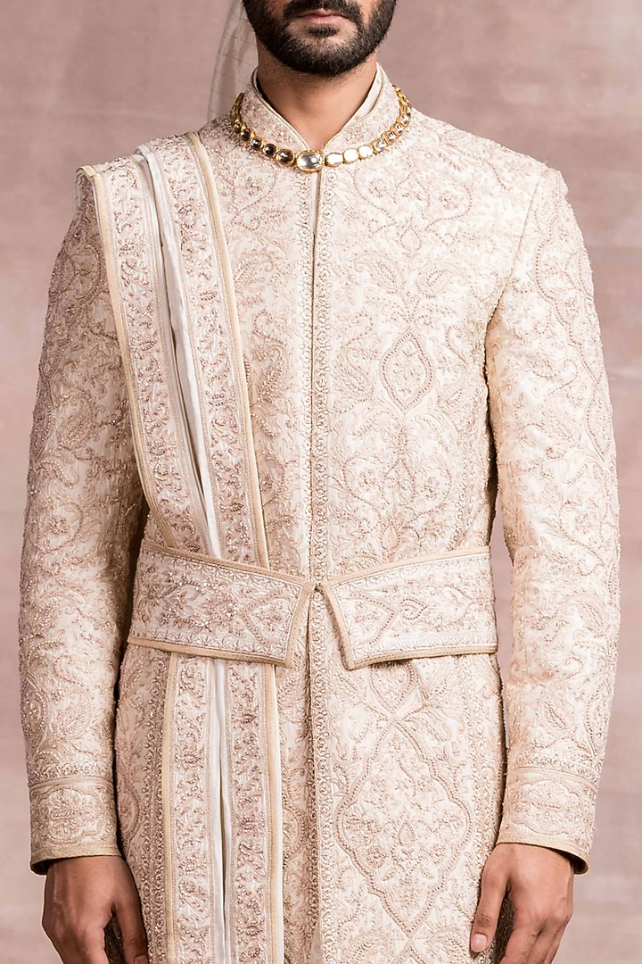 Ivory Silk Brocade Groom Sherwani Set by Tarun Tahiliani Men at Pernia's Pop Up Shop