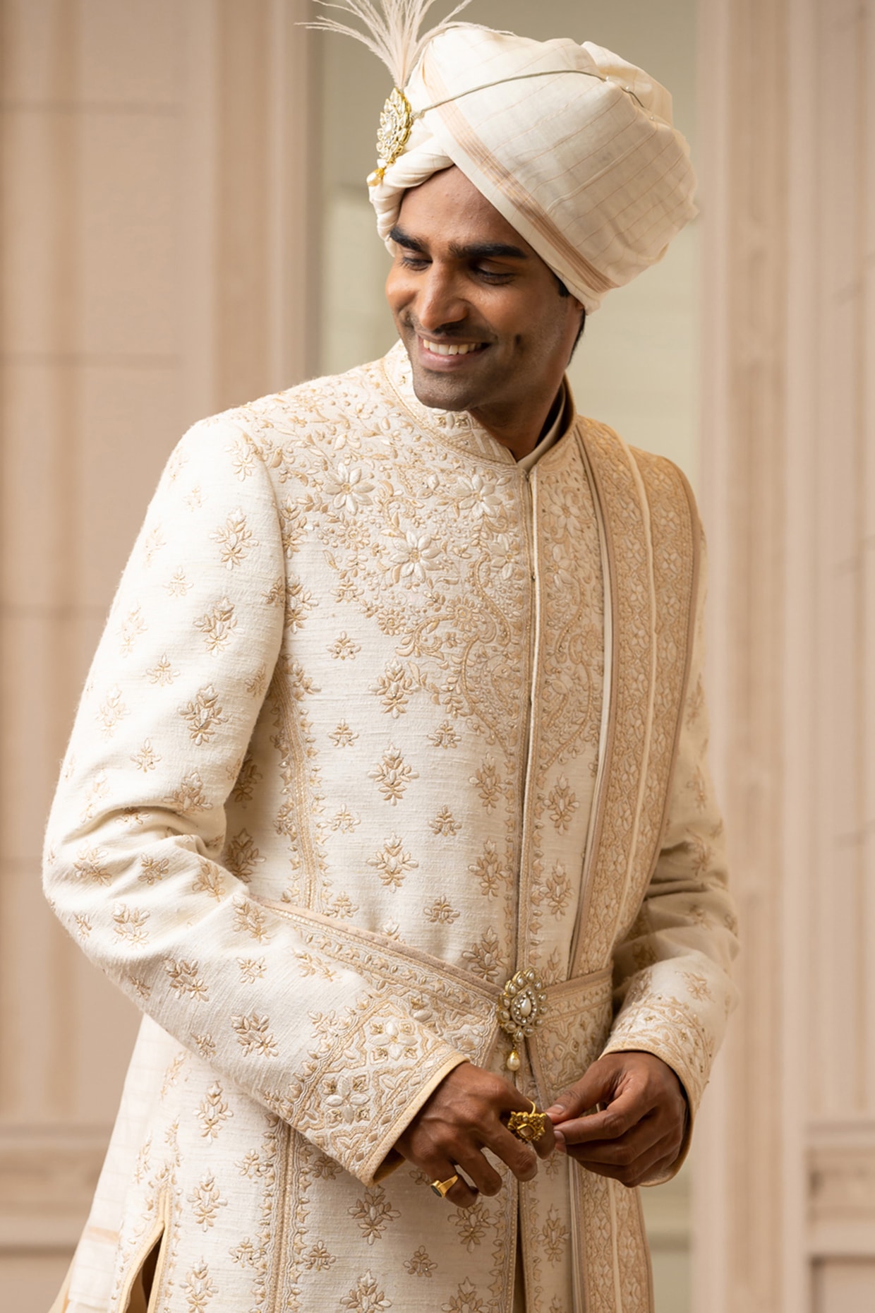 Ivory Salmon Embroidered Groom Sherwani Set by Tarun Tahiliani Men at Pernia s Pop Up Shop 2024