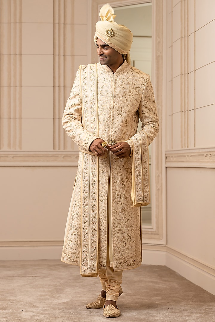 Gold & Mint Embroidered Sherwani Set by Tarun Tahiliani Men