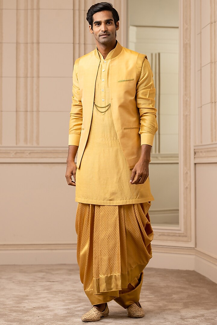 Gold Moonga Silk Kurta Set With Bundi Jacket by Tarun Tahiliani Men