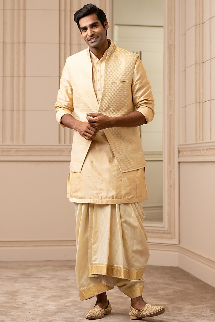 Gold Shaded Kurta Set With Bundi Jacket by Tarun Tahiliani Men