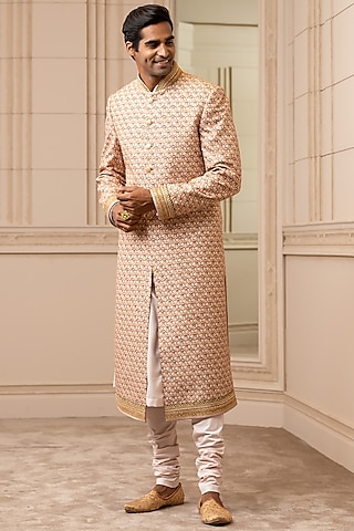 Salmon Pink & Gold Embroidered Sherwani Set by Tarun Tahiliani Men
