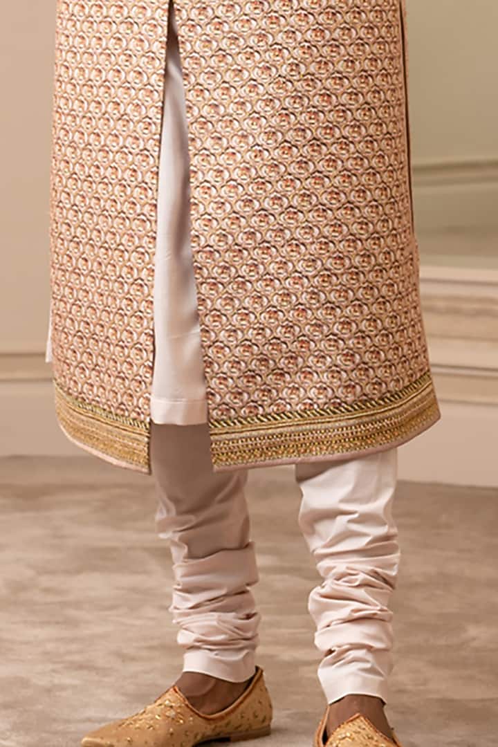 Salmon Pink & Gold Embroidered Groom Sherwani Set by Tarun Tahiliani Men at Pernia's Pop Up Shop