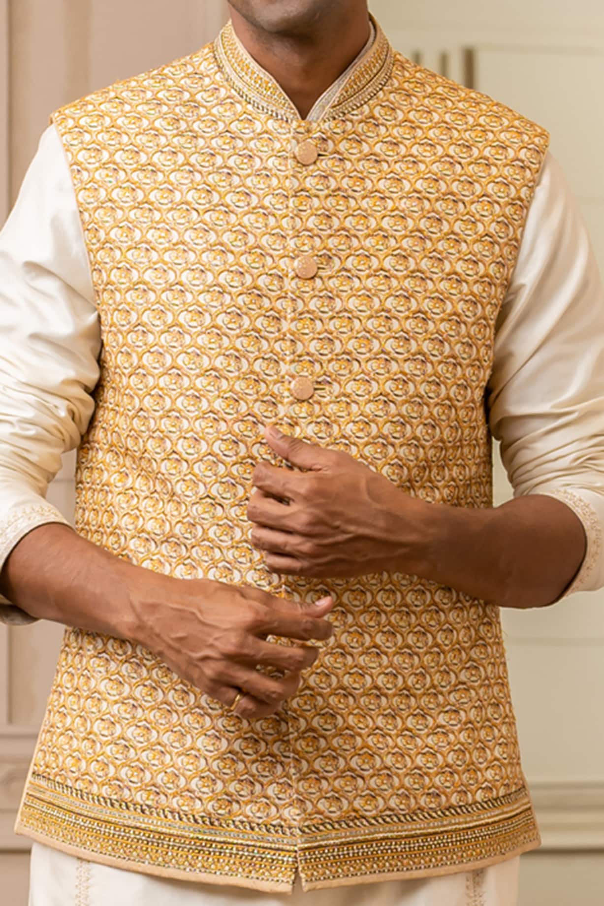 Gold Embroidered Bundi Jacket by Tarun Tahiliani Men