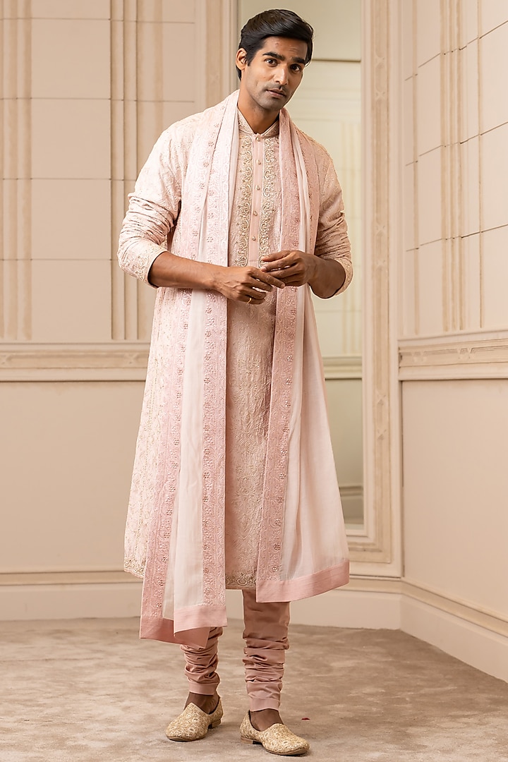 Salmon Pink Embroidered Stole by Tarun Tahiliani Men