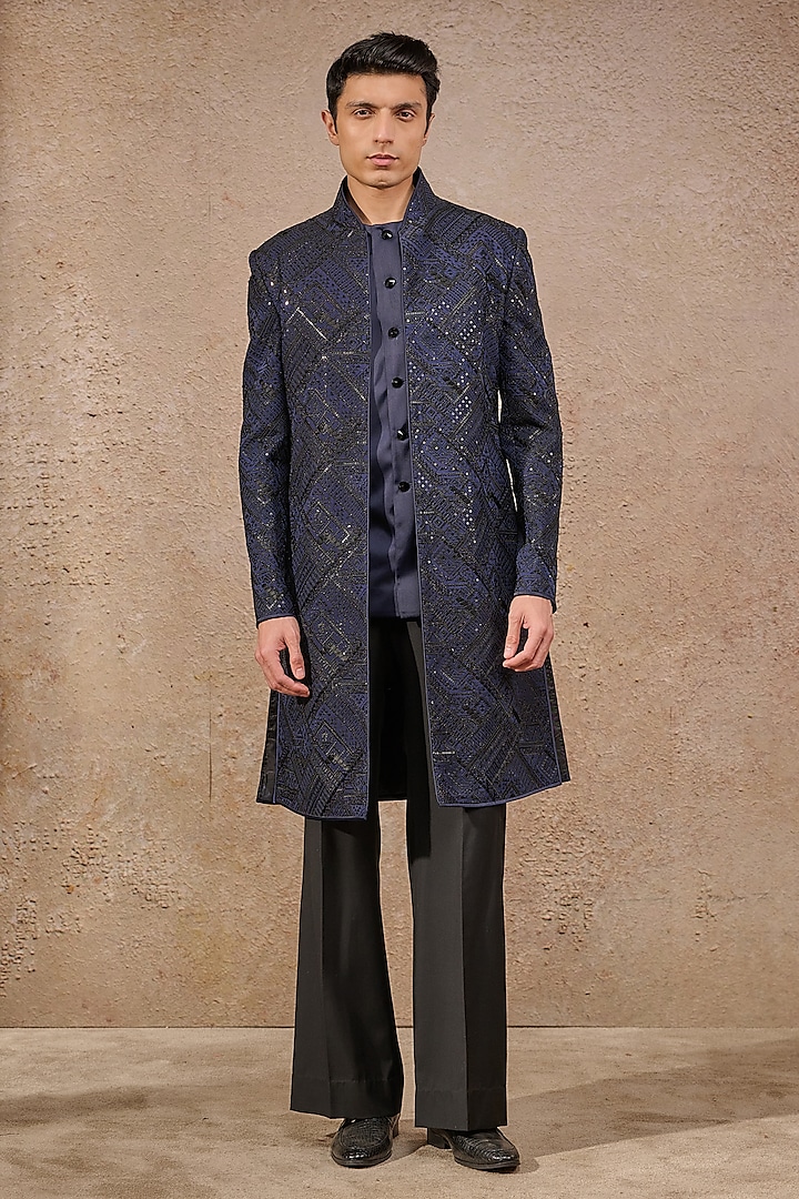 Navy Georgette Sequin Embroidered Sherwani Set by Tarun Tahiliani Men