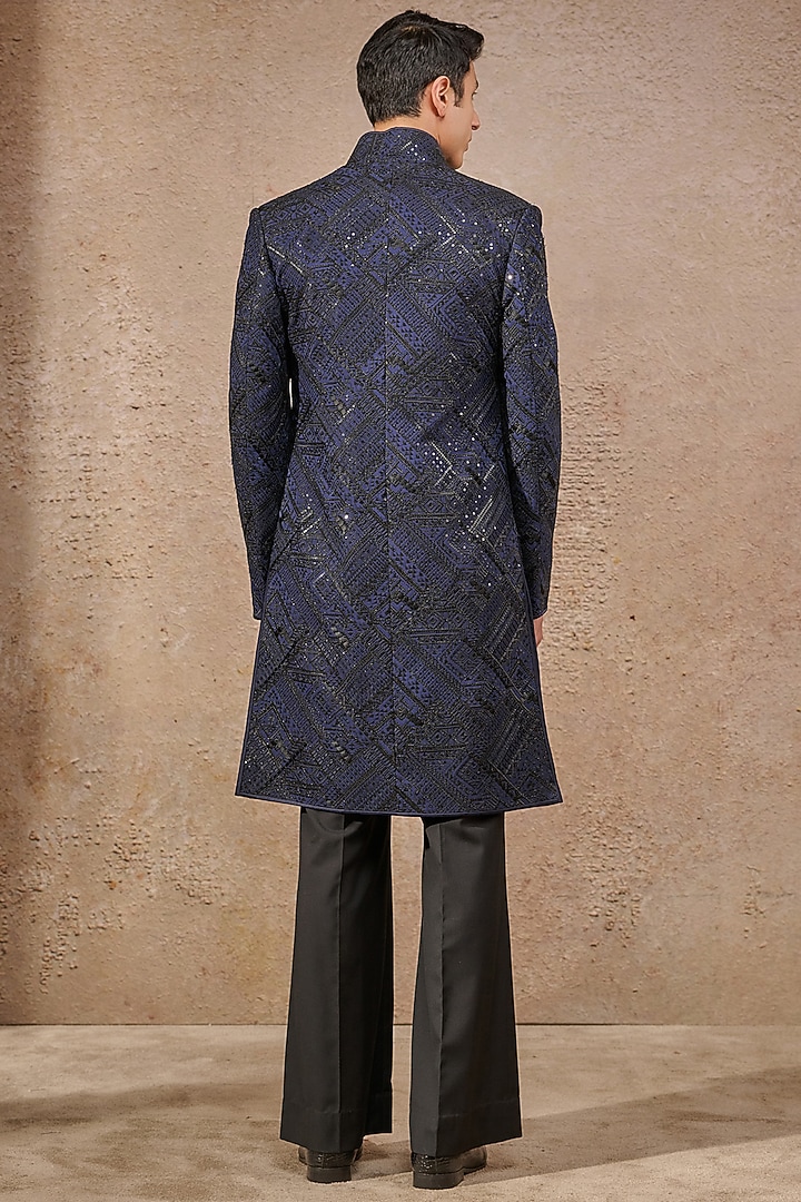 Navy Georgette Sequin Embroidered Groom Sherwani Set by Tarun Tahiliani Men at Pernia's Pop Up Shop