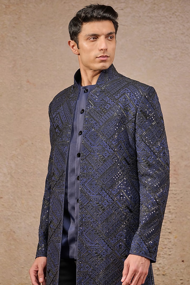 Navy Georgette Sequin Embroidered Groom Sherwani Set by Tarun Tahiliani Men at Pernia's Pop Up Shop