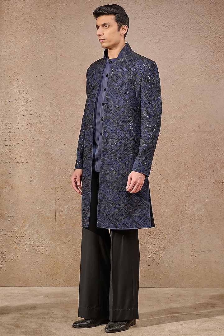 Navy Georgette Sequin Embroidered Groom Sherwani Set by Tarun Tahiliani Men at Pernia's Pop Up Shop