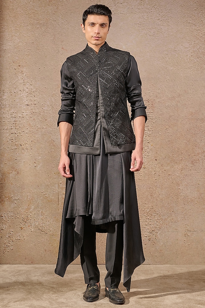 Black Georgette Sequin Embroidered Waistcoat Set by Tarun Tahiliani Men