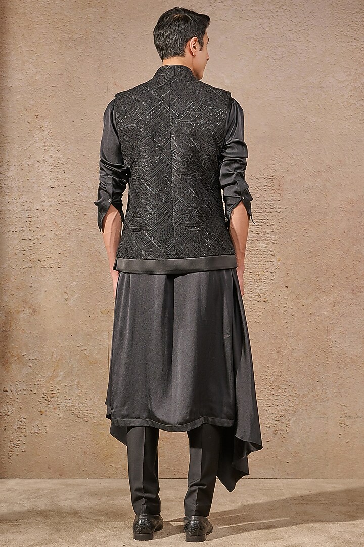 Black Georgette Sequin Embroidered Waistcoat Set by Tarun Tahiliani Men at Pernia's Pop Up Shop