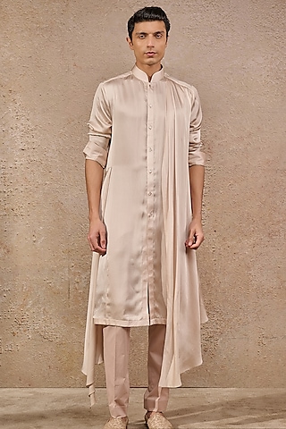 Salmon Pink Georgette Pearl Embroidered Waistcoat Set by Tarun Tahiliani Men